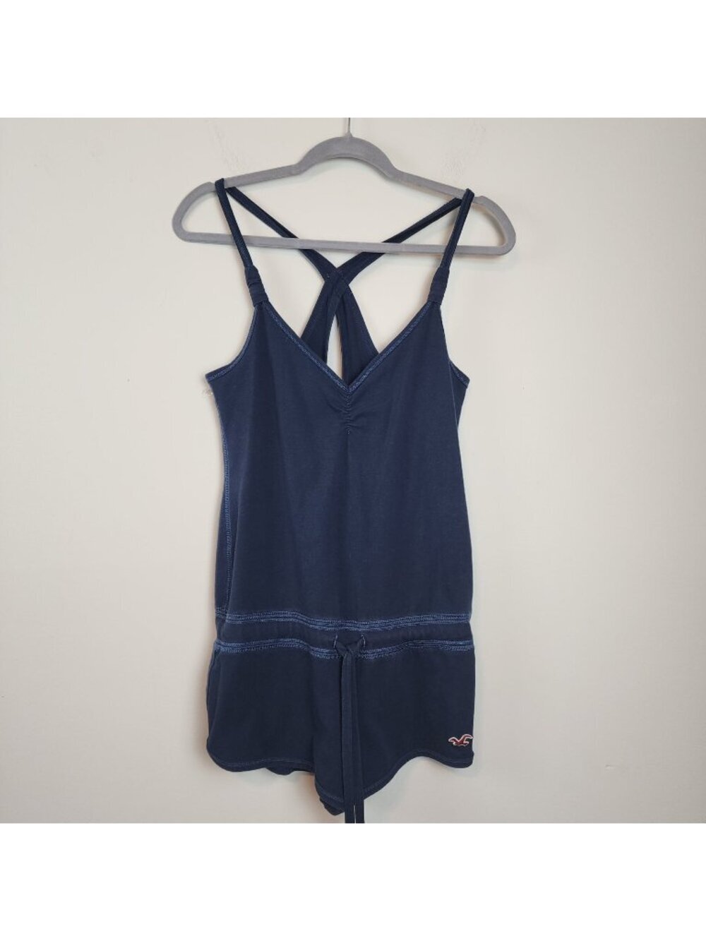 Hollister Romper Navy Blue Drawstring Waist sz S Embroidered Logo Y2K